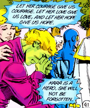 Crisis on Infinite Earths panel : brainiac 5 grieves at the loss of supergirl