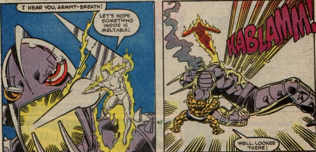 the human torch takes out galactus' robot