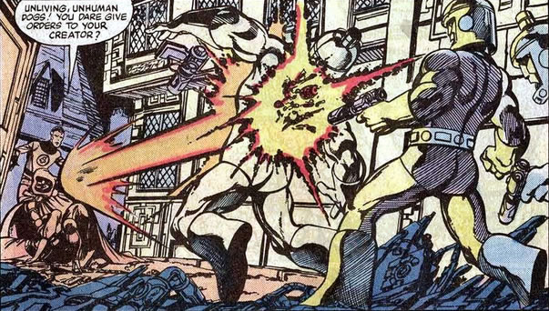 Fantastic Four panel : dr. doom blasts a robot