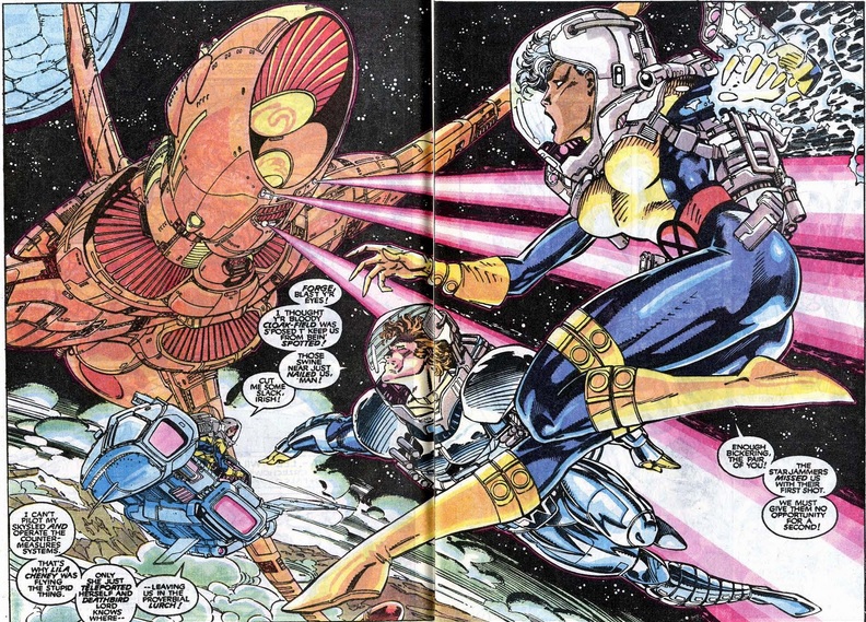 Storm and Banshee being attacked by starships