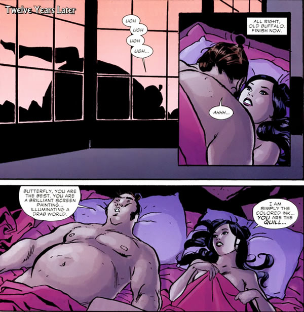 Psylocke as a courtesan entertaining a Sumo wrestler in 5 Ronin