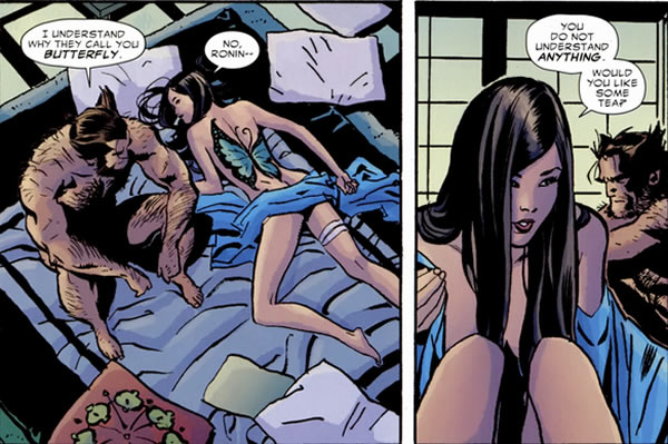 Tatooed Psylocke shows Wolverine a good time from the pages of 5 Ronin