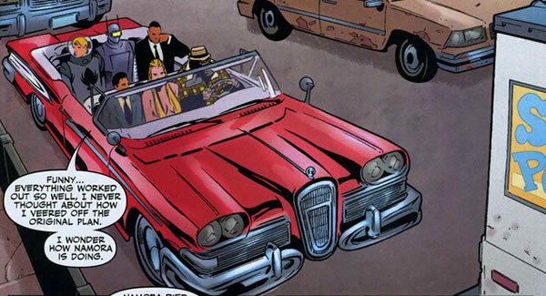 agents of atlas panel : the agents riding a red edsel