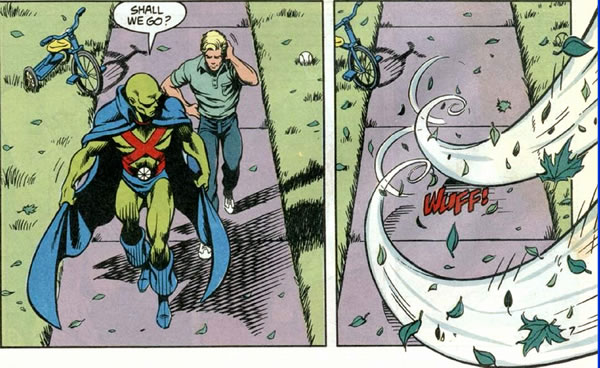 grant morrison's animal man panel :animal man and martian manhunter go flying