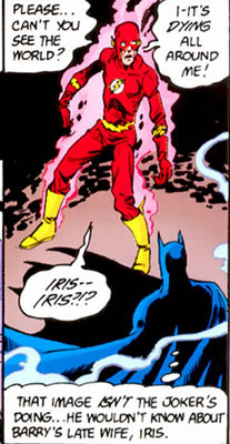 Crisis on Infinite Earths panel : stricken flash appearing to batman