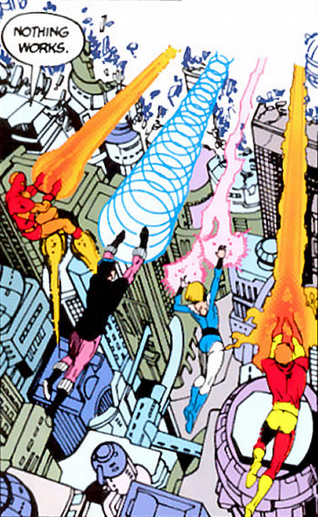 Crisis on Infinite Earths panel : wildfire, cosmic boy, lightning lass and sunboy blasting antimatter wave