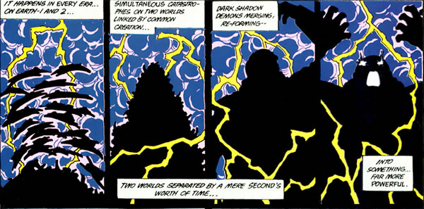 Crisis on Infinite Earths panel : shadow creatures merging into a shadow giant