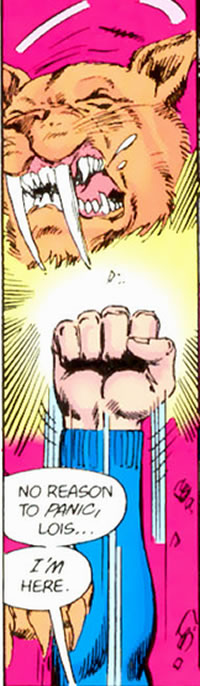 Crisis on Infinite Earths panel : superman fists punching sabretooth
