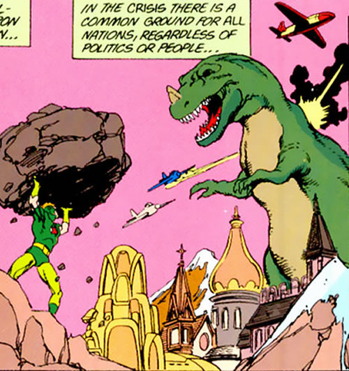 Crisis on Infinite Earths panel : red star lifting a boulder