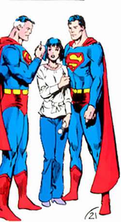 Crisis on Infinite Earths panel : lois kent with the supermen of earth-one and earth-two