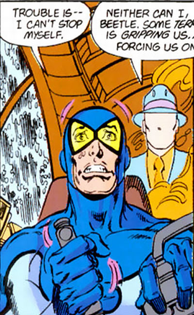 Crisis on Infinite Earths panel : blue beetle and the question inside blue beetle's ship