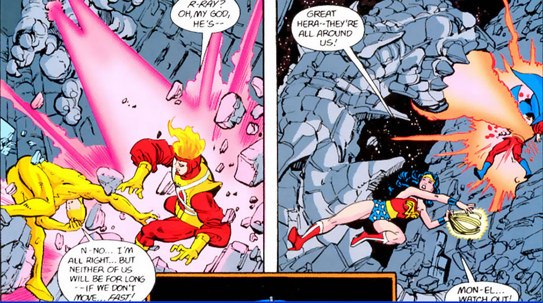 Crisis on Infinite Earths panel : firestorm, the ray, wonderwoman and mon-el under attack