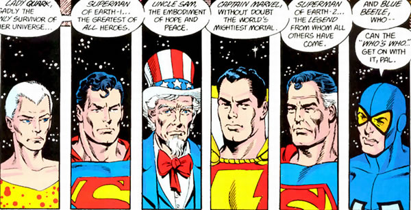 Crisis on Infinite Earths panel : the supermen, blue beetle, lady quark, uncle sam and captain marvel