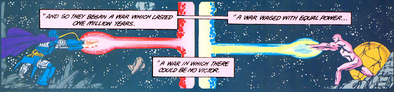 Crisis on Infinite Earths panel : monitor and into-monitor oppossing each other