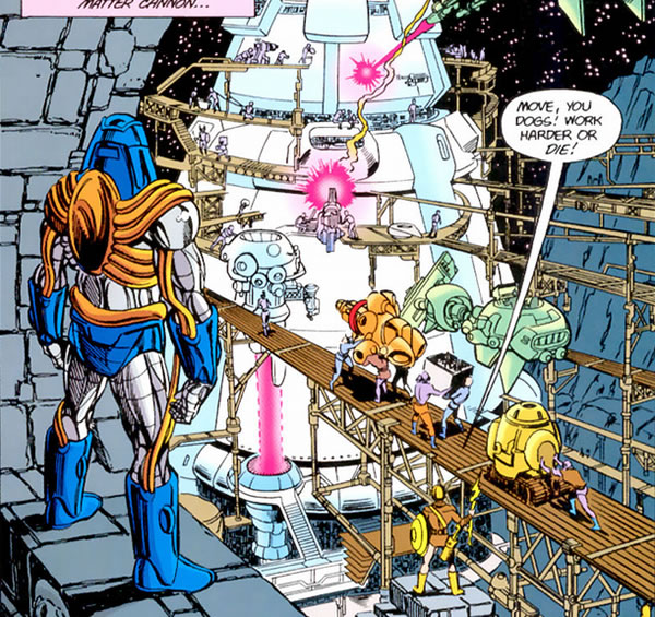 Crisis on Infinite Earths panel : antimatter cannon being created by the weaponnaires of quard