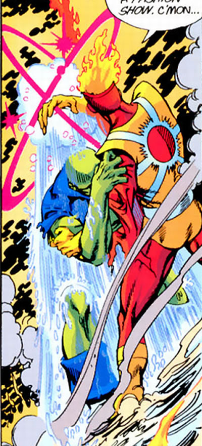 Crisis on Infinite Earths panel : firestorm douses martian manhunter with water