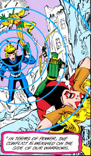 Crisis on Infinite Earths panel : green arrow and black canary fighting on land