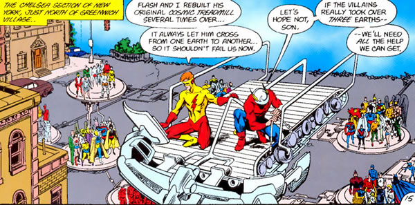 Crisis on Infinite Earths panel : jay garrick and kid flash with other heroes on the cosmic treadmill