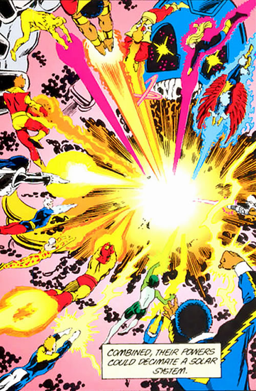 Crisis on Infinite Earths panel : all the heroes blasting antimonitor together
