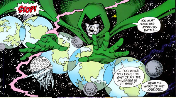 Crisis on Infinite Earths panel : spectre shown above the five remaining earths calling for the hero/villain fight to stop