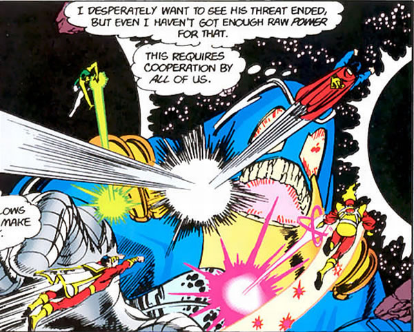 Crisis on Infinite Earths panel : heroes attacking the antimonitor
