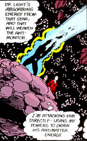 Crisis on Infinite Earths panel : dr. light hitting releasing the power of a star against the anitmonitor
