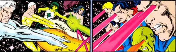 Crisis on Infinite Earths panel : all the heroe's blasting the anitmonitor together