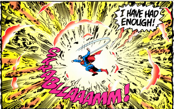 Crisis on Infinite Earths panel : superman punches the antimonitor into oblivion
