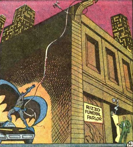 batman breaks into rizzo's funeral parlor