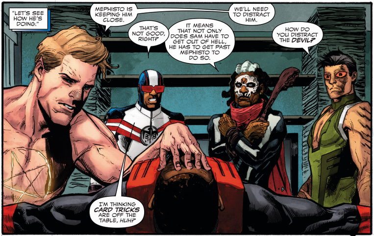 diamon hellstrom, doctor voodoo, patriot, and falcon II around the body of the falcon