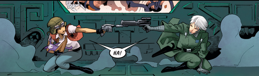 doctor aphra and inspector tolvan aiming guns at each other