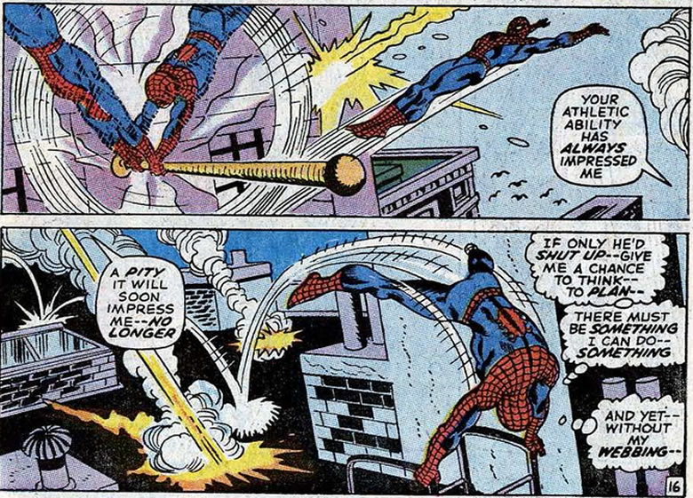 spider-man swings around
					a flagpole and over a rooftop