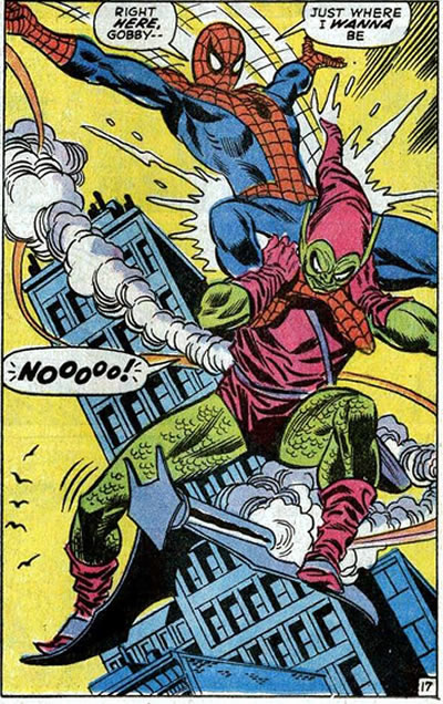 spider-man catches the
					green goblin
