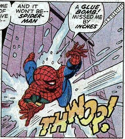 spider-man dodges a green goblin glue bomb