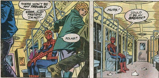 spider-man sitting in a subway