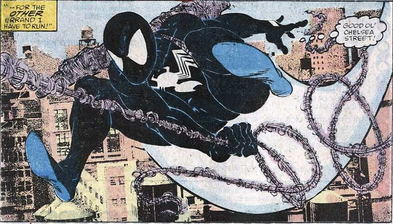 spider-man black costume swinging