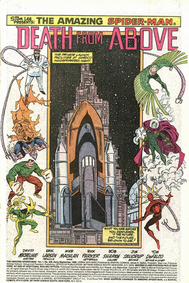 splash page showing spider-man
					and the sinister six