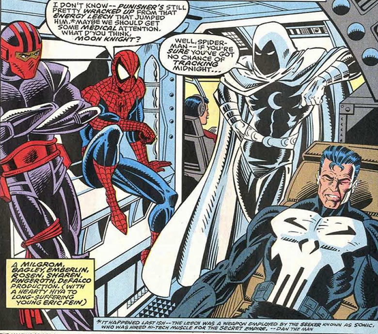 spider-man, night thrasher
					moon knight, and the punisher