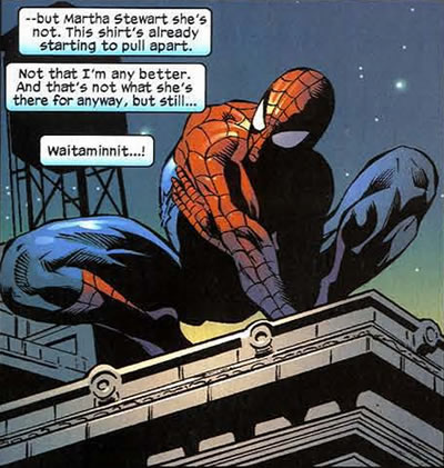 spider-man notes his damaged
					costume