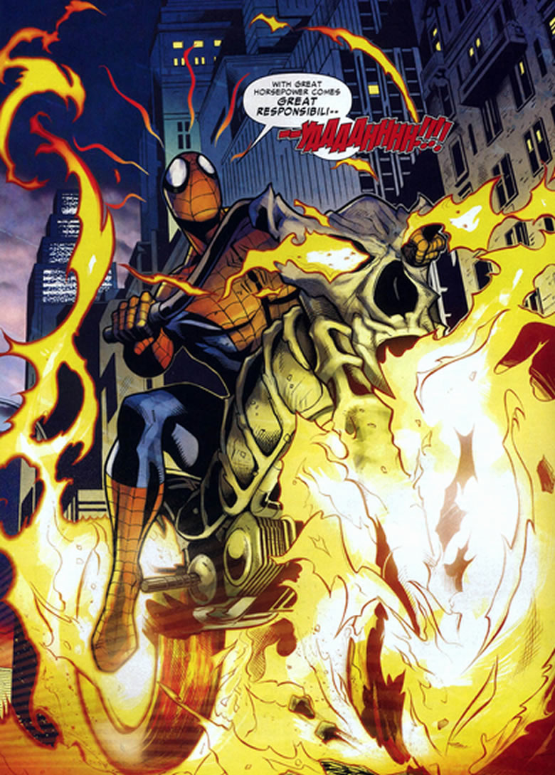 spide-man on
					ghost rider's bike