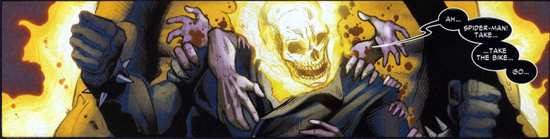 ghost rider asks
					spider-man to take the bike