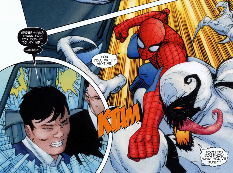 showing what's going on between richard li, spider-man and anti-venom