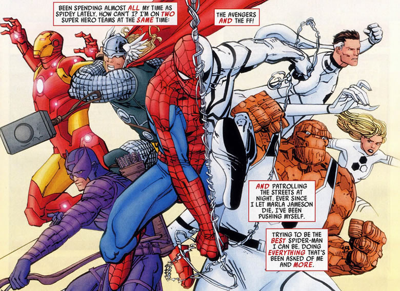 montage showing the 
					two teams of spider-man