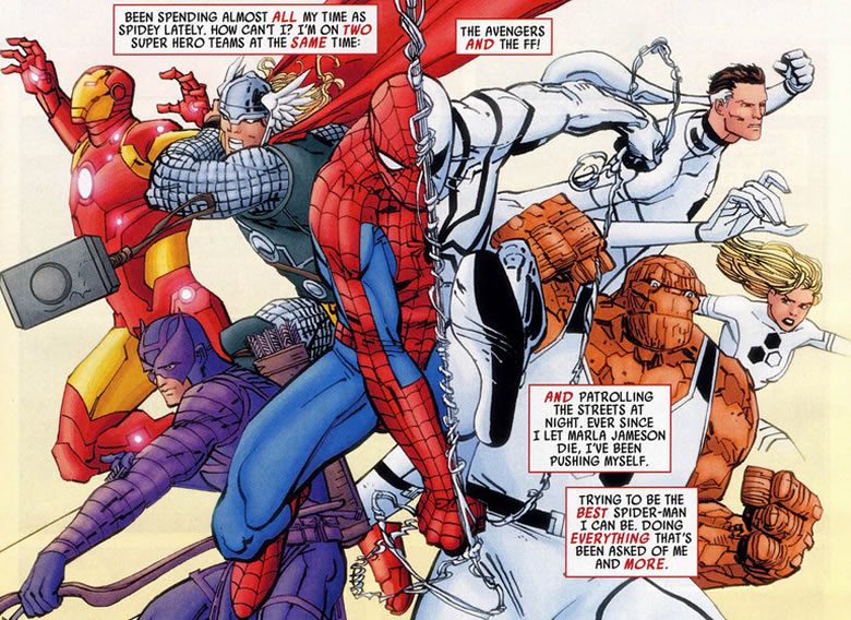 montage showing the two teams of spider-man