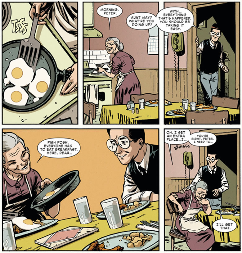 aunt may breaks down
					while preparing breakfast