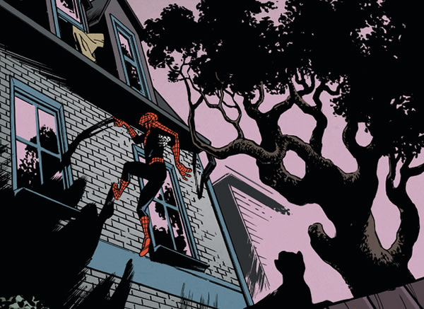 spider-man climbing the side of
					aunt may's house