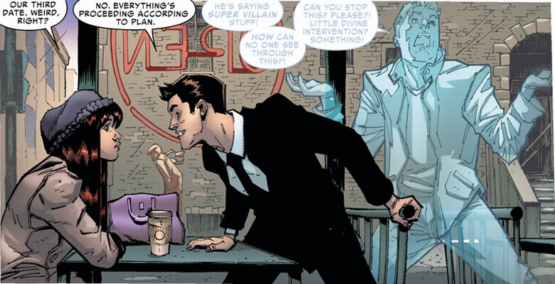 peter and MJ talk in a cafe
					with peter's ghost in the background