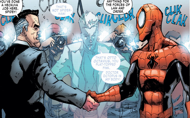 j. jonah jameson shakes hands with
					spider-man