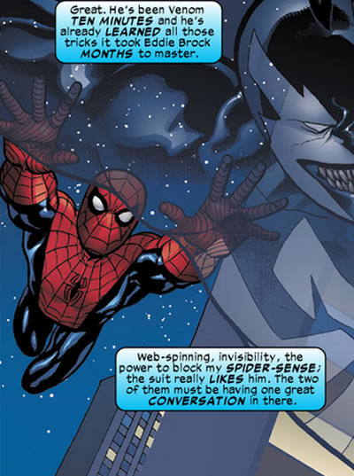 spider-man pursues while
	venom becomes invisible