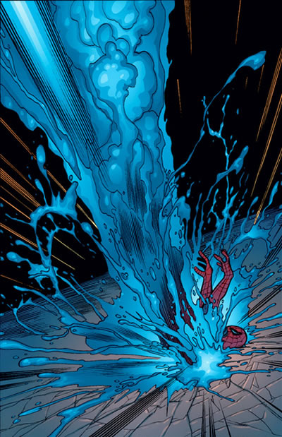 spider-man pummeled by a water column